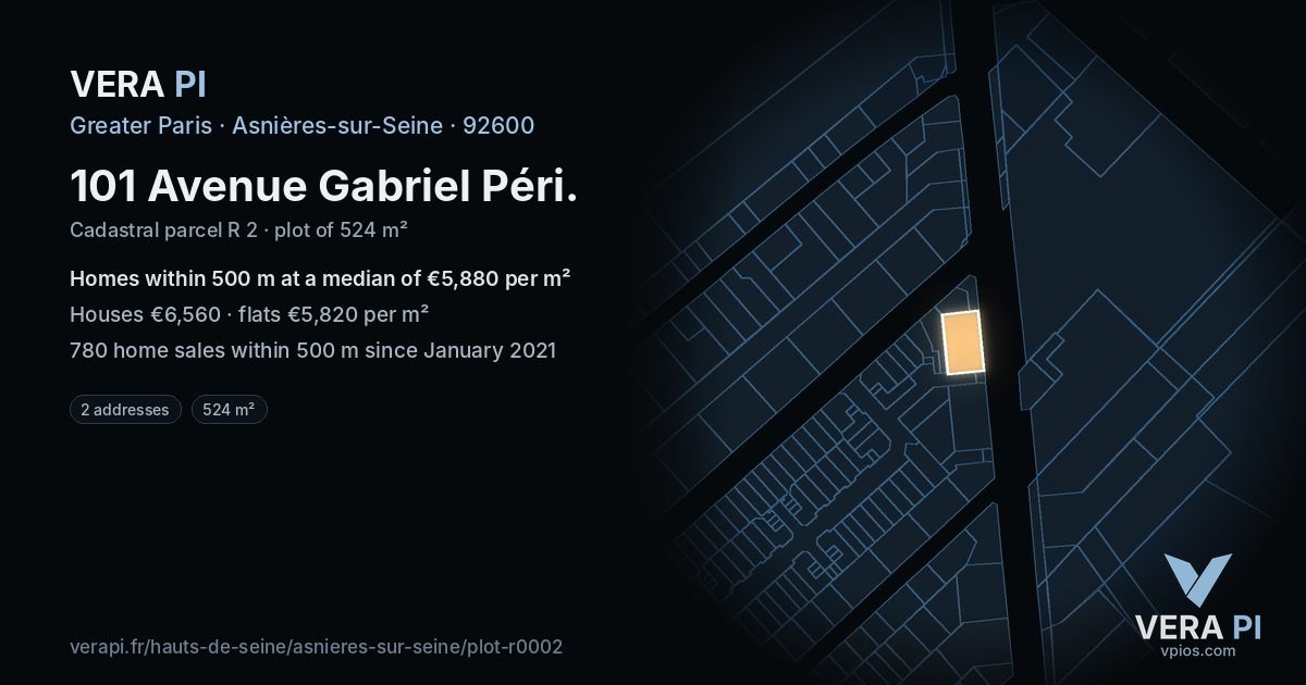 101 Avenue Gabriel Péri, Asnières-sur-Seine at night – the plot lit, the parcels around coloured by the prices near them