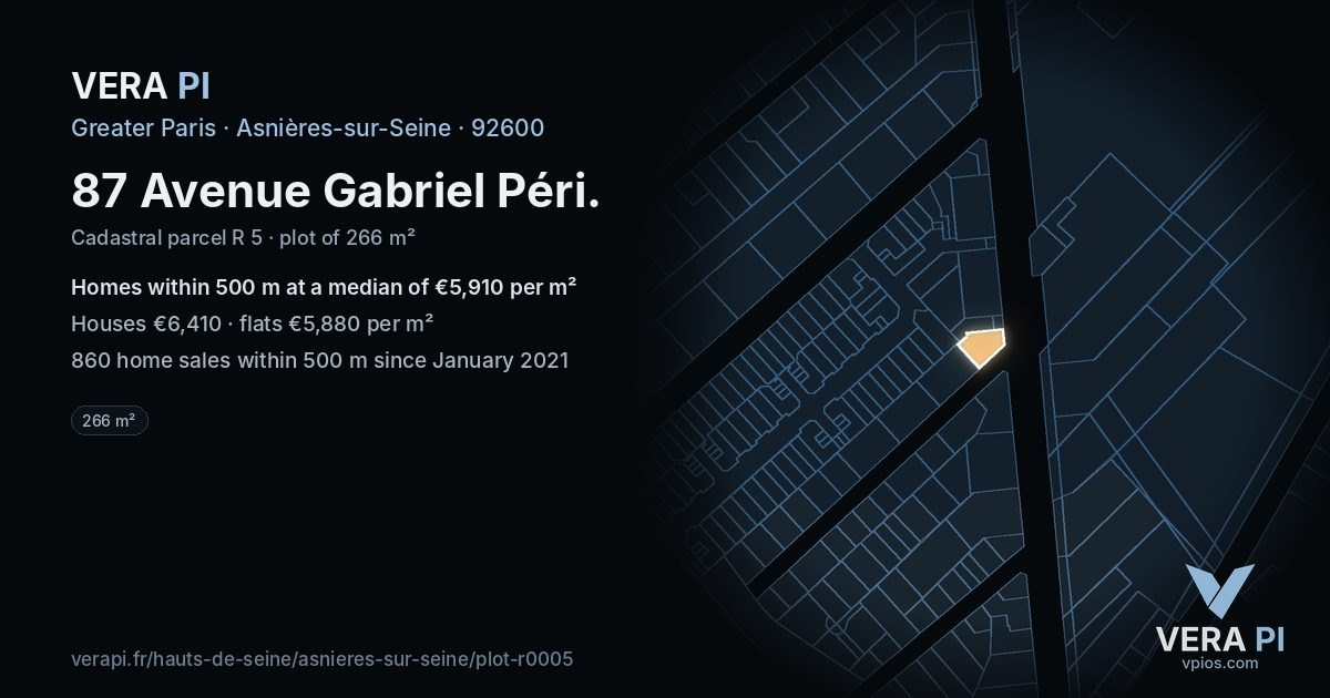 87 Avenue Gabriel Péri, Asnières-sur-Seine at night – the plot lit, the parcels around coloured by the prices near them