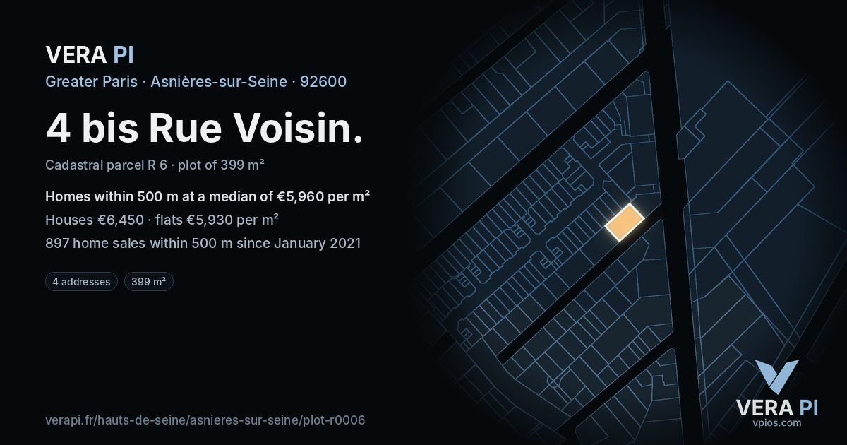4 bis Rue Voisin, Asnières-sur-Seine at night – the plot lit, the parcels around coloured by the prices near them