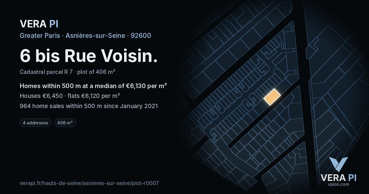 6 bis Rue Voisin, Asnières-sur-Seine at night – the plot lit, the parcels around coloured by the prices near them