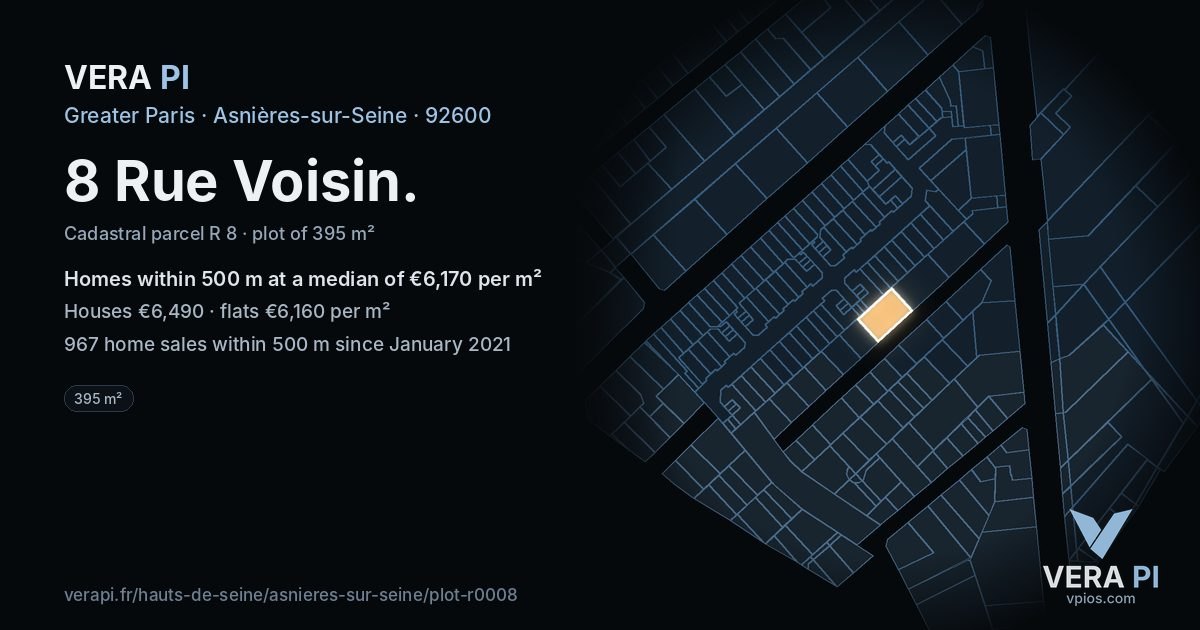 8 Rue Voisin, Asnières-sur-Seine at night – the plot lit, the parcels around coloured by the prices near them