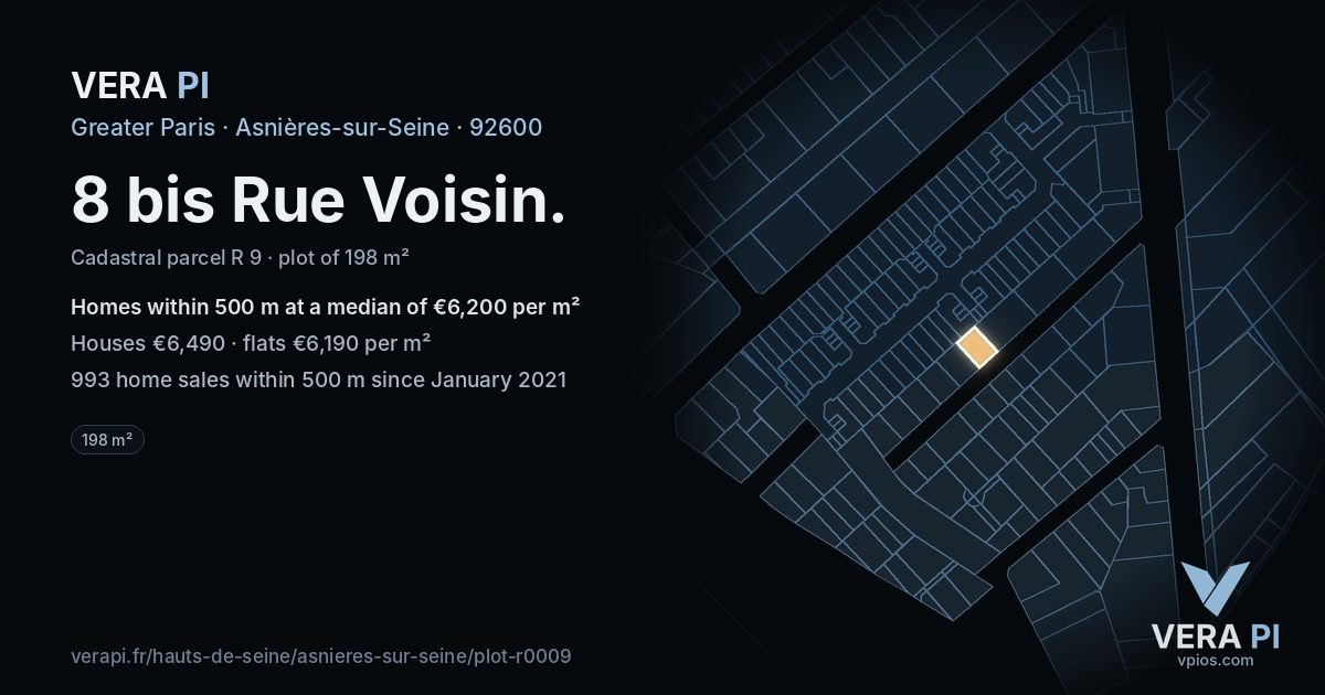8 bis Rue Voisin, Asnières-sur-Seine at night – the plot lit, the parcels around coloured by the prices near them