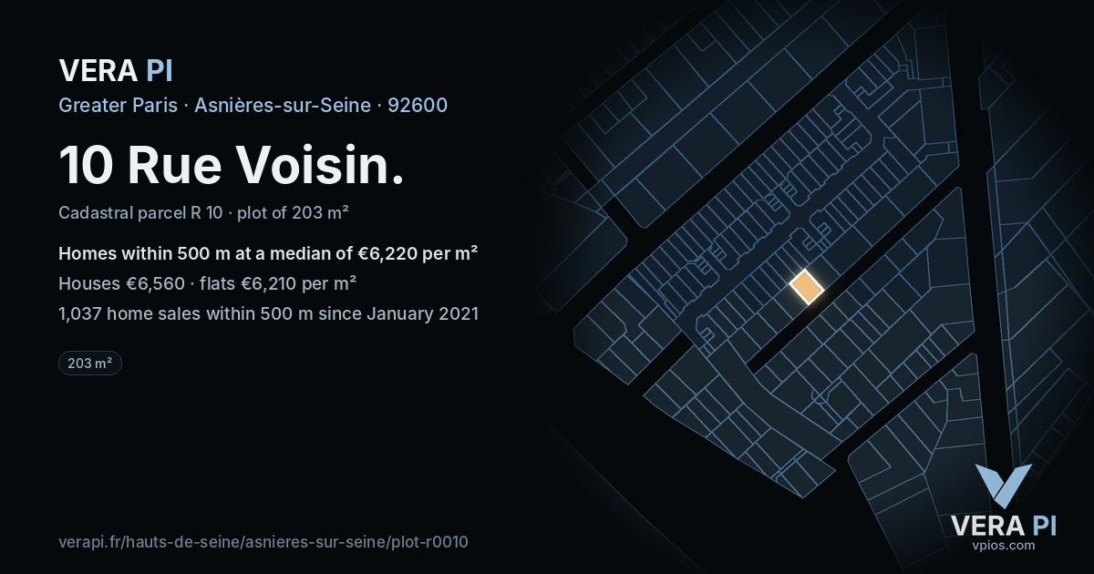 10 Rue Voisin, Asnières-sur-Seine at night – the plot lit, the parcels around coloured by the prices near them