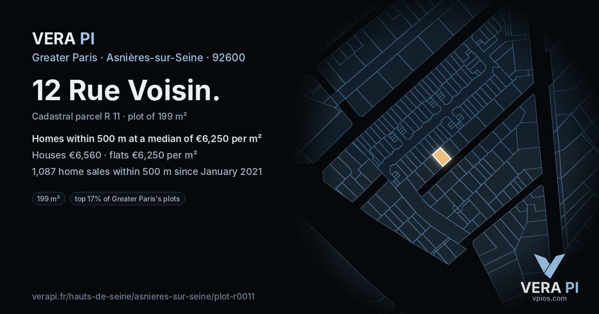 12 Rue Voisin, Asnières-sur-Seine at night – the plot lit, the parcels around coloured by the prices near them