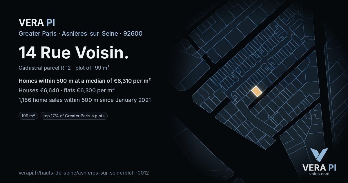 14 Rue Voisin, Asnières-sur-Seine at night – the plot lit, the parcels around coloured by the prices near them