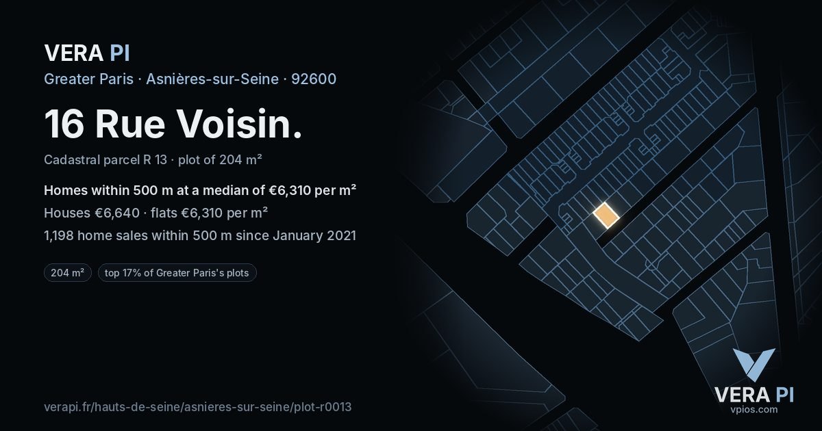 16 Rue Voisin, Asnières-sur-Seine at night – the plot lit, the parcels around coloured by the prices near them