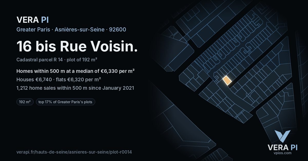 16 bis Rue Voisin, Asnières-sur-Seine at night – the plot lit, the parcels around coloured by the prices near them