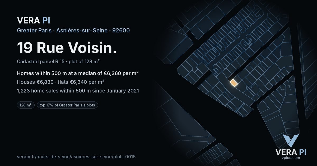 19 Rue Voisin, Asnières-sur-Seine at night – the plot lit, the parcels around coloured by the prices near them