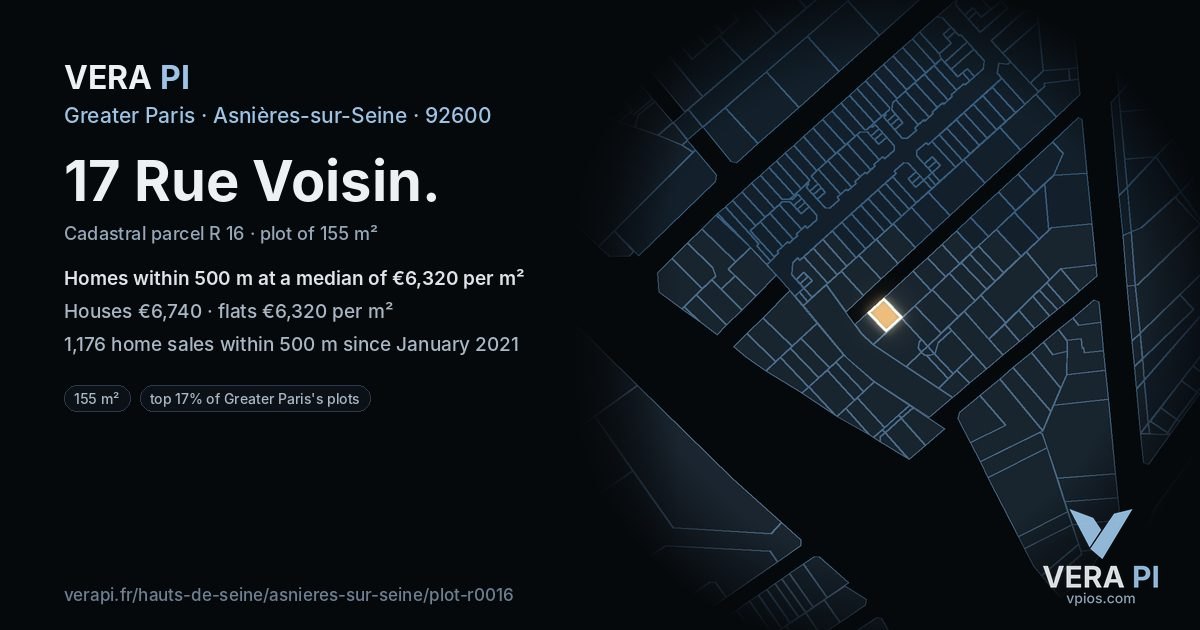 17 Rue Voisin, Asnières-sur-Seine at night – the plot lit, the parcels around coloured by the prices near them