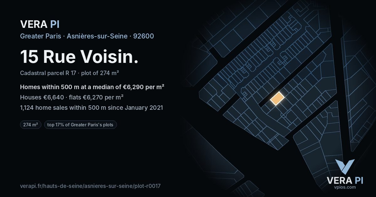 15 Rue Voisin, Asnières-sur-Seine at night – the plot lit, the parcels around coloured by the prices near them