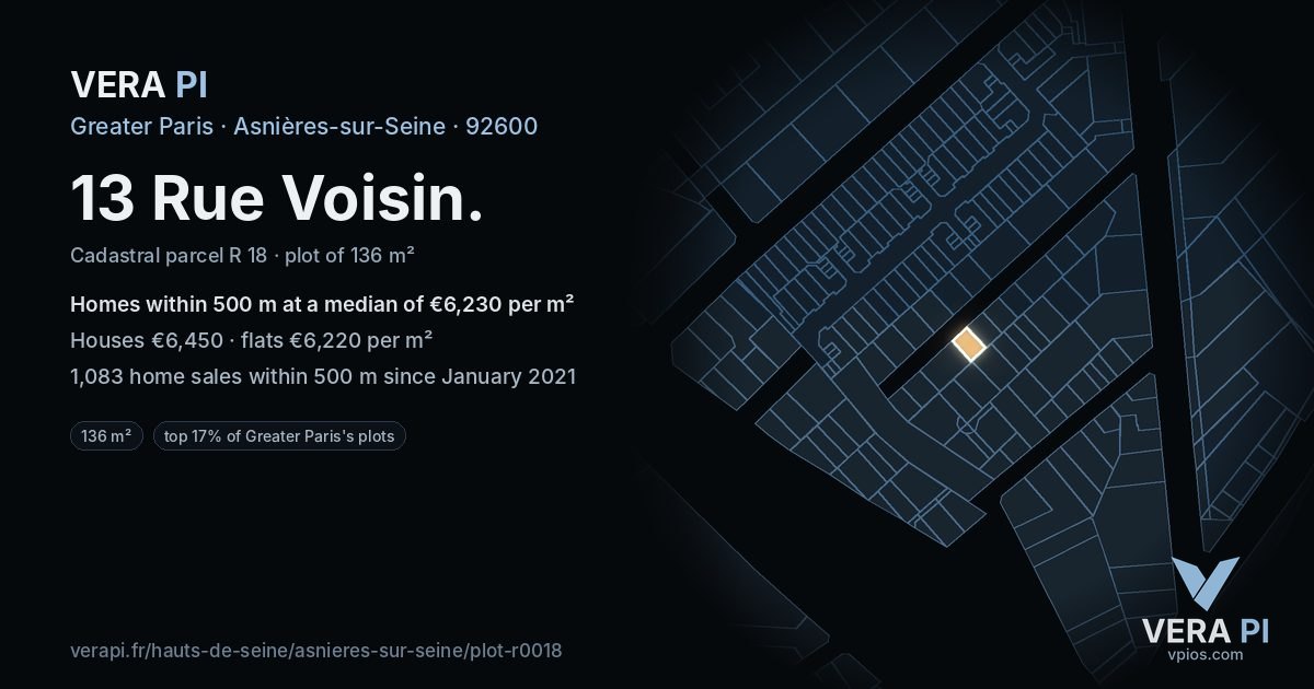13 Rue Voisin, Asnières-sur-Seine at night – the plot lit, the parcels around coloured by the prices near them
