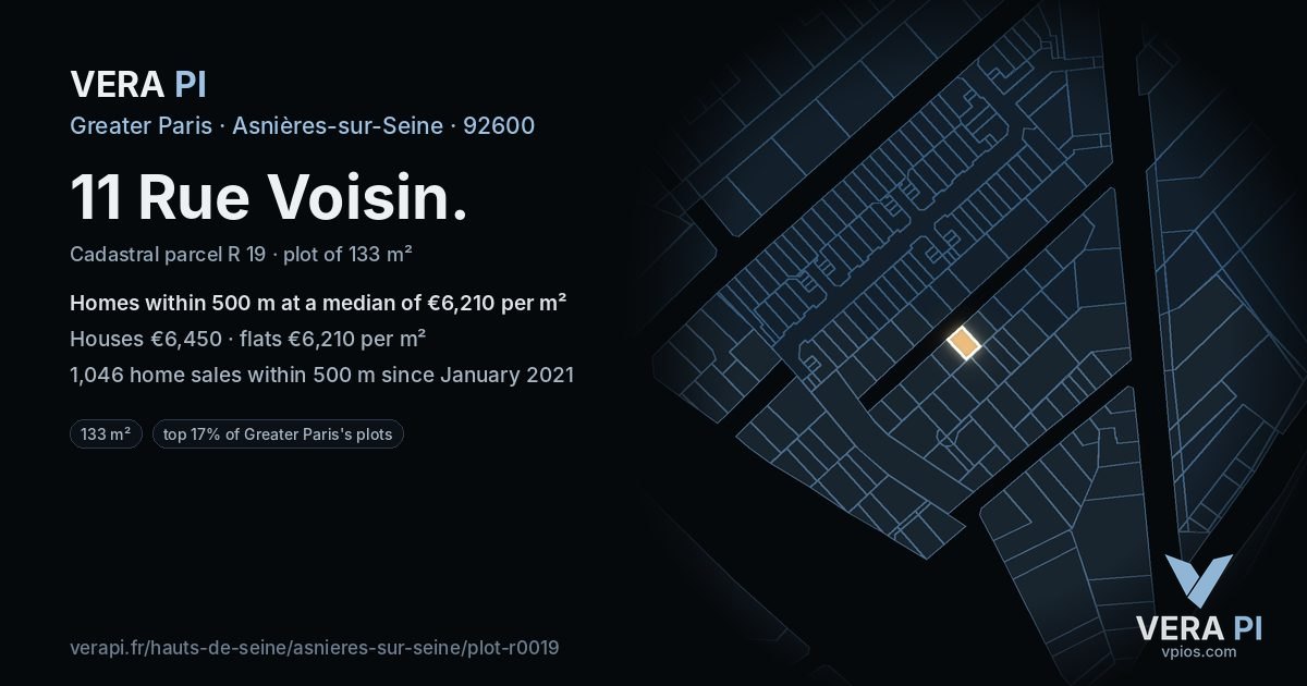 11 Rue Voisin, Asnières-sur-Seine at night – the plot lit, the parcels around coloured by the prices near them