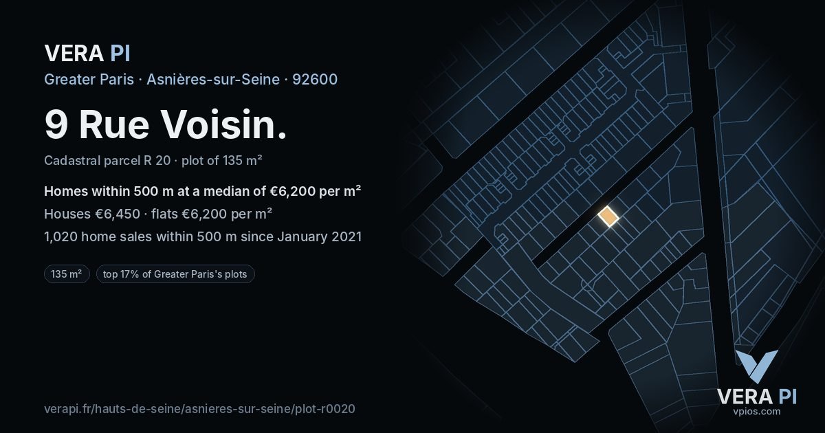 9 Rue Voisin, Asnières-sur-Seine at night – the plot lit, the parcels around coloured by the prices near them