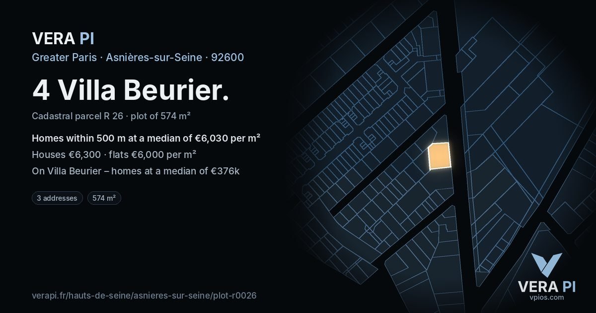 4 Villa Beurier, Asnières-sur-Seine at night – the plot lit, the parcels around coloured by the prices near them