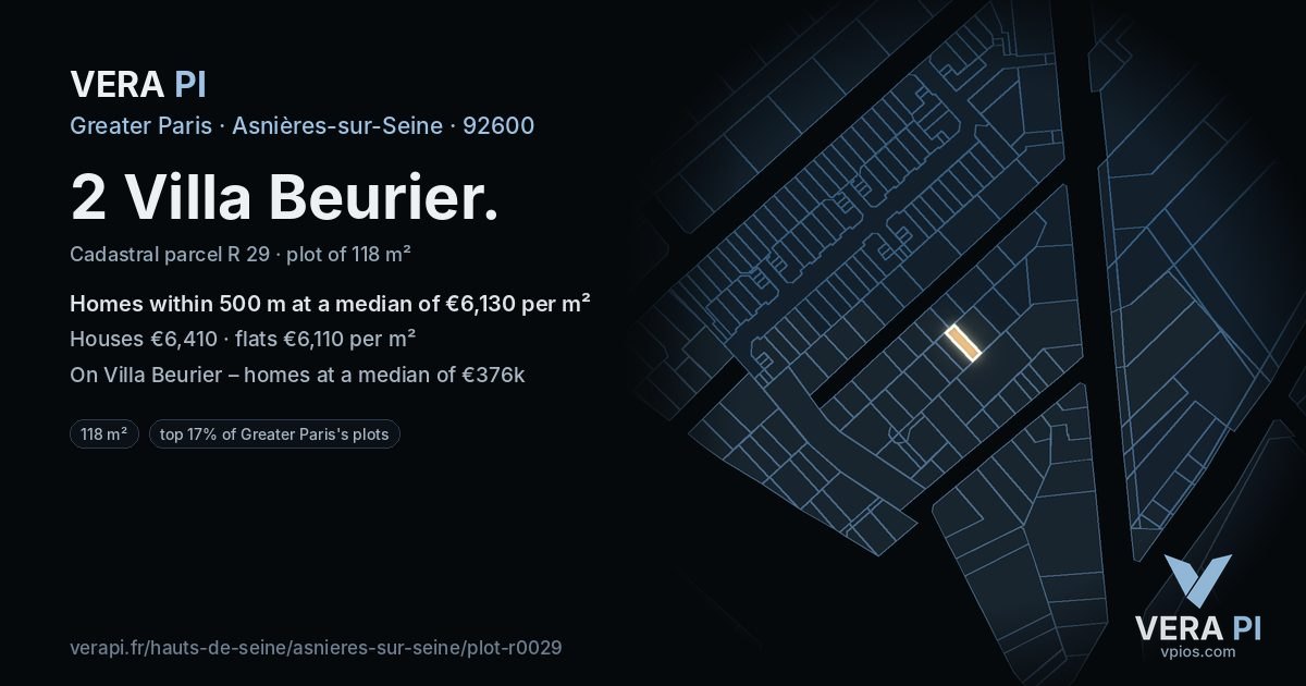 2 Villa Beurier, Asnières-sur-Seine at night – the plot lit, the parcels around coloured by the prices near them