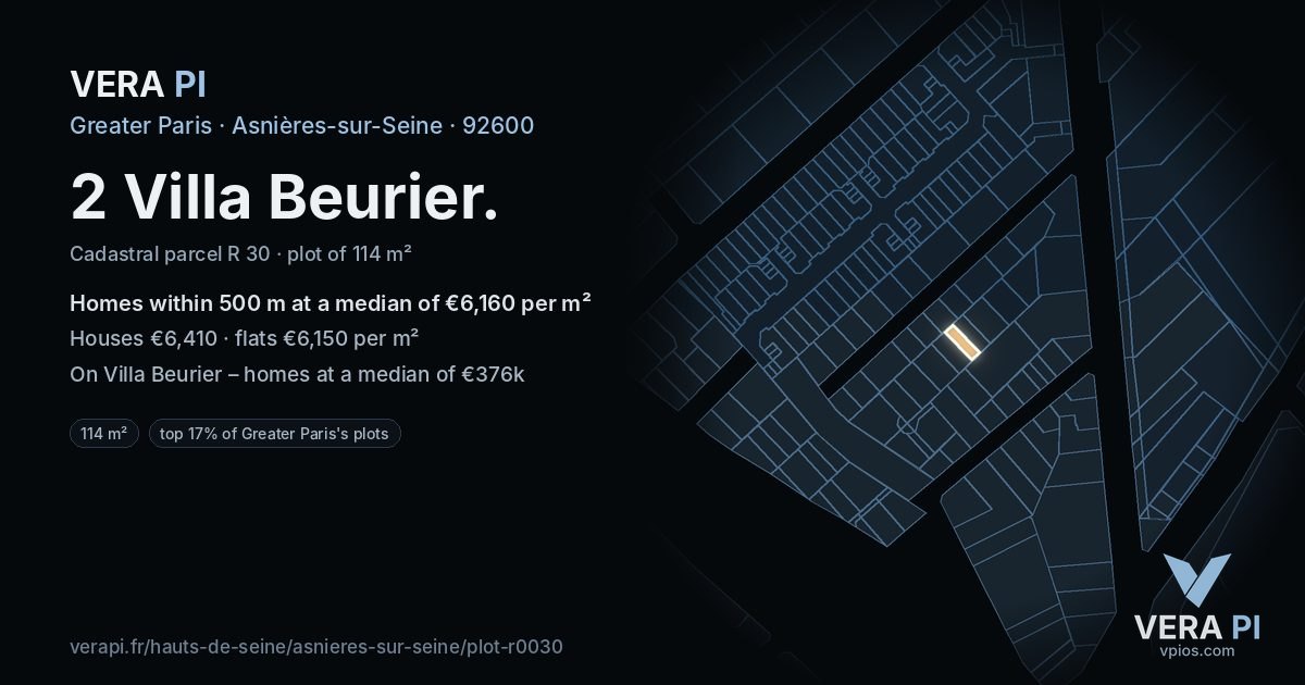 2 Villa Beurier, Asnières-sur-Seine at night – the plot lit, the parcels around coloured by the prices near them