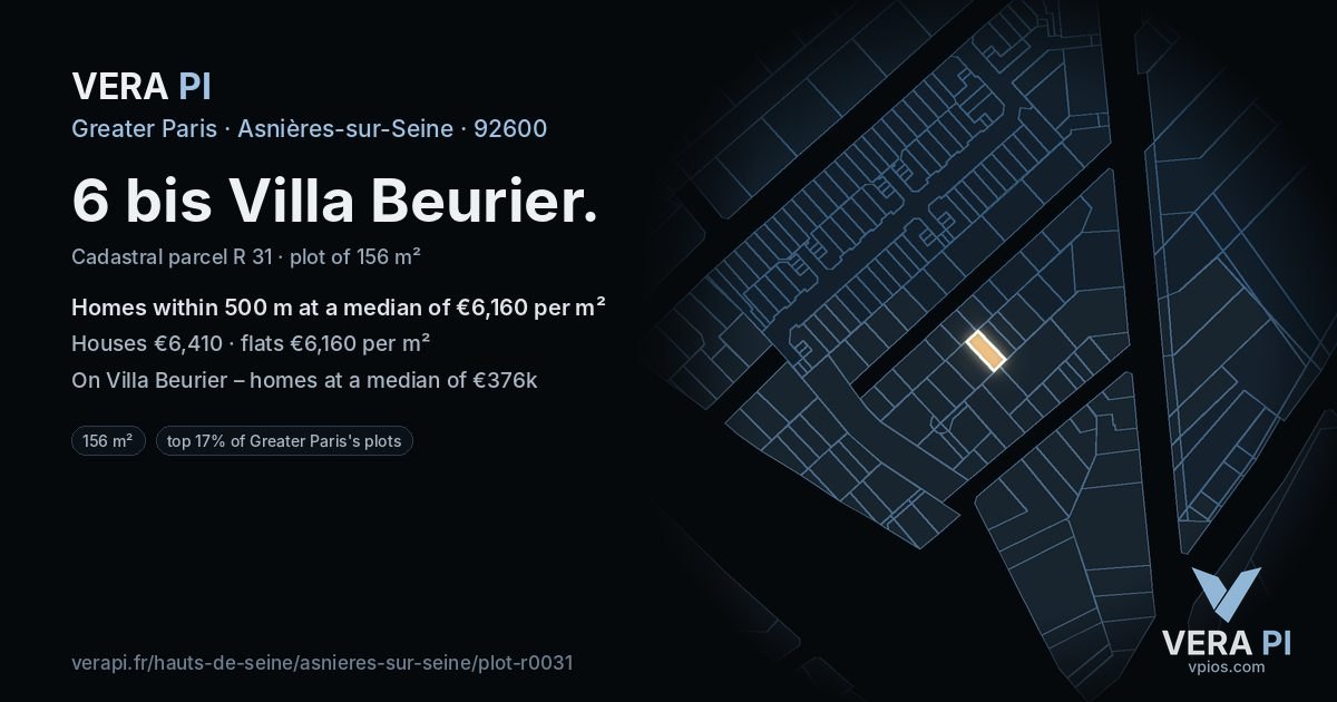 6 bis Villa Beurier, Asnières-sur-Seine at night – the plot lit, the parcels around coloured by the prices near them