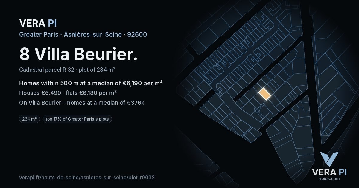 8 Villa Beurier, Asnières-sur-Seine at night – the plot lit, the parcels around coloured by the prices near them