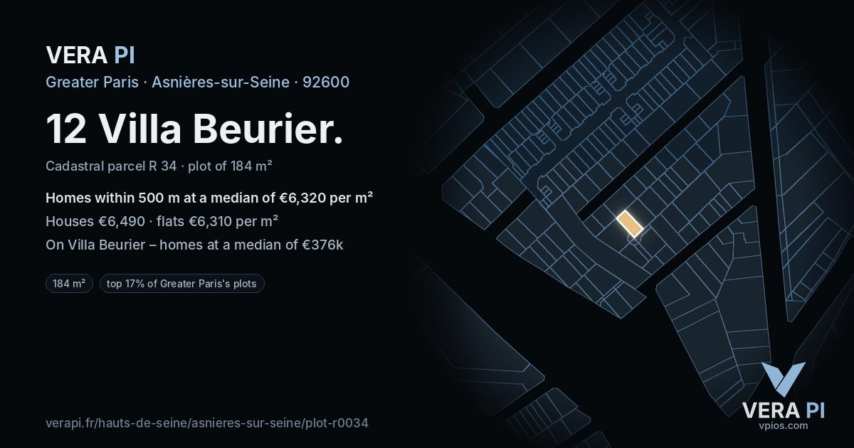 12 Villa Beurier, Asnières-sur-Seine at night – the plot lit, the parcels around coloured by the prices near them