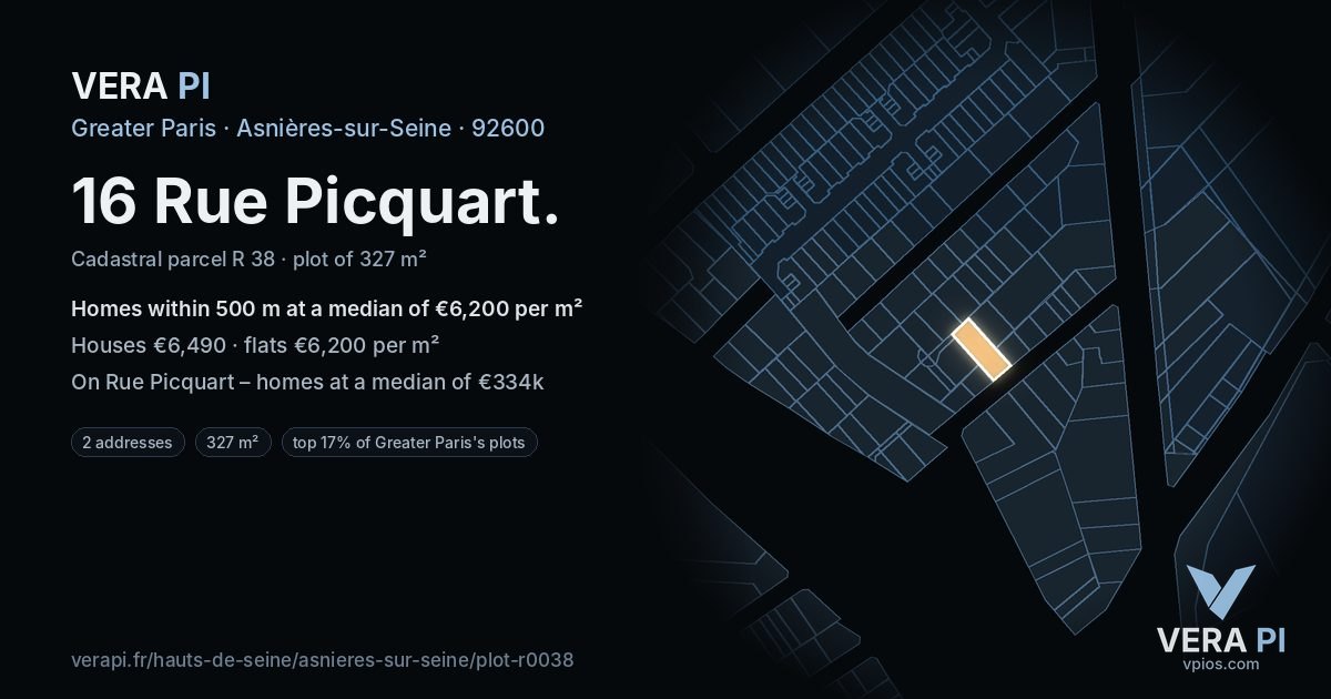 16 Rue Picquart, Asnières-sur-Seine at night – the plot lit, the parcels around coloured by the prices near them