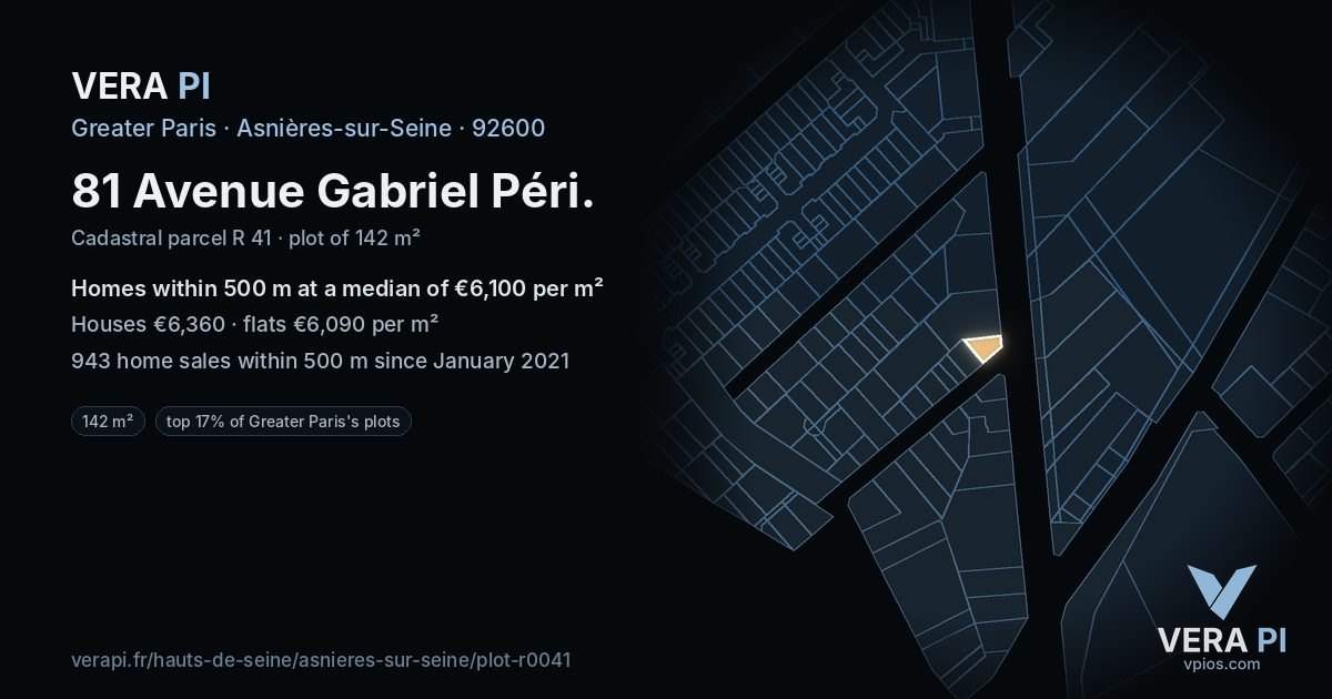 81 Avenue Gabriel Péri, Asnières-sur-Seine at night – the plot lit, the parcels around coloured by the prices near them