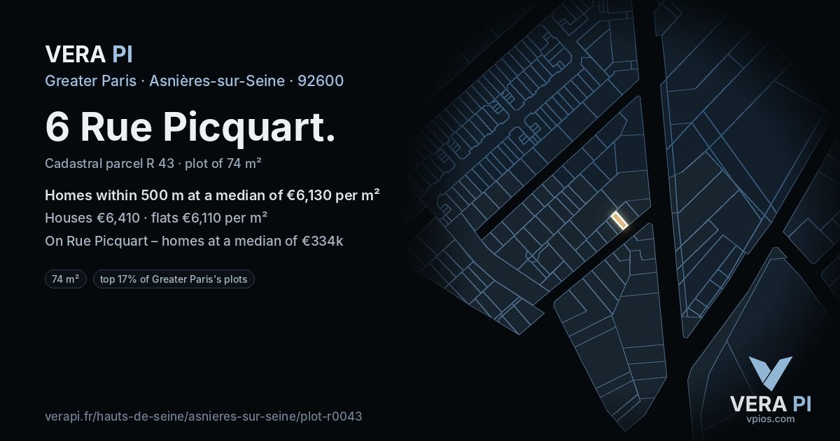 6 Rue Picquart, Asnières-sur-Seine at night – the plot lit, the parcels around coloured by the prices near them
