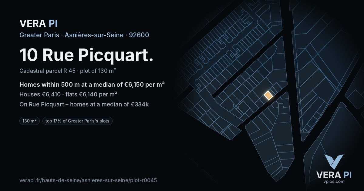 10 Rue Picquart, Asnières-sur-Seine at night – the plot lit, the parcels around coloured by the prices near them