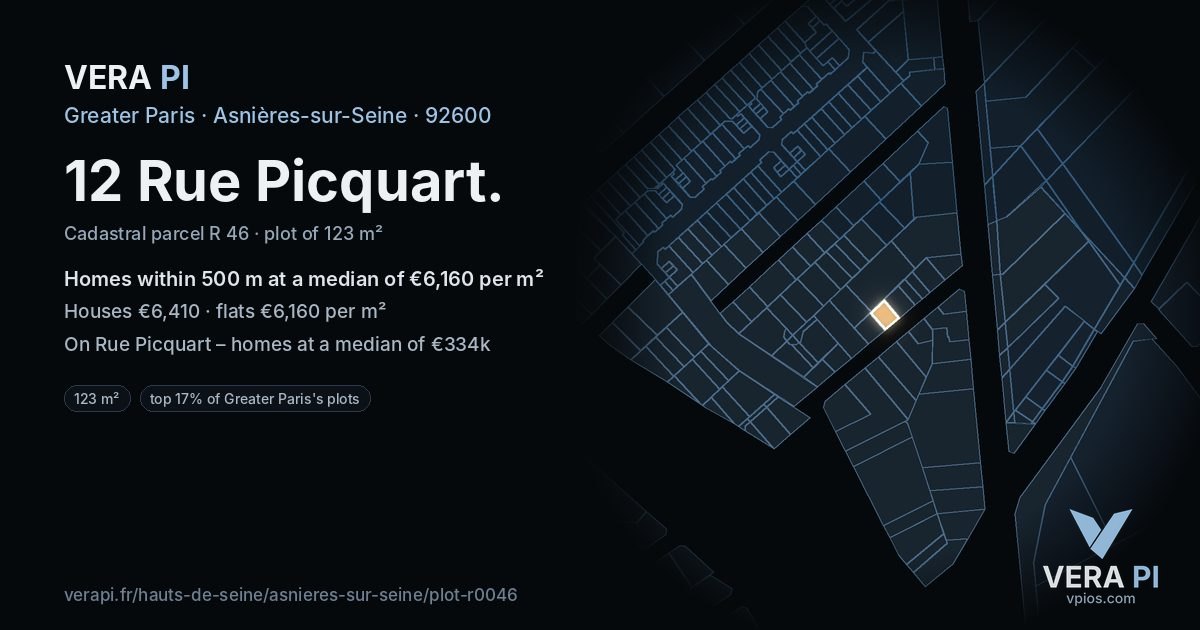 12 Rue Picquart, Asnières-sur-Seine at night – the plot lit, the parcels around coloured by the prices near them