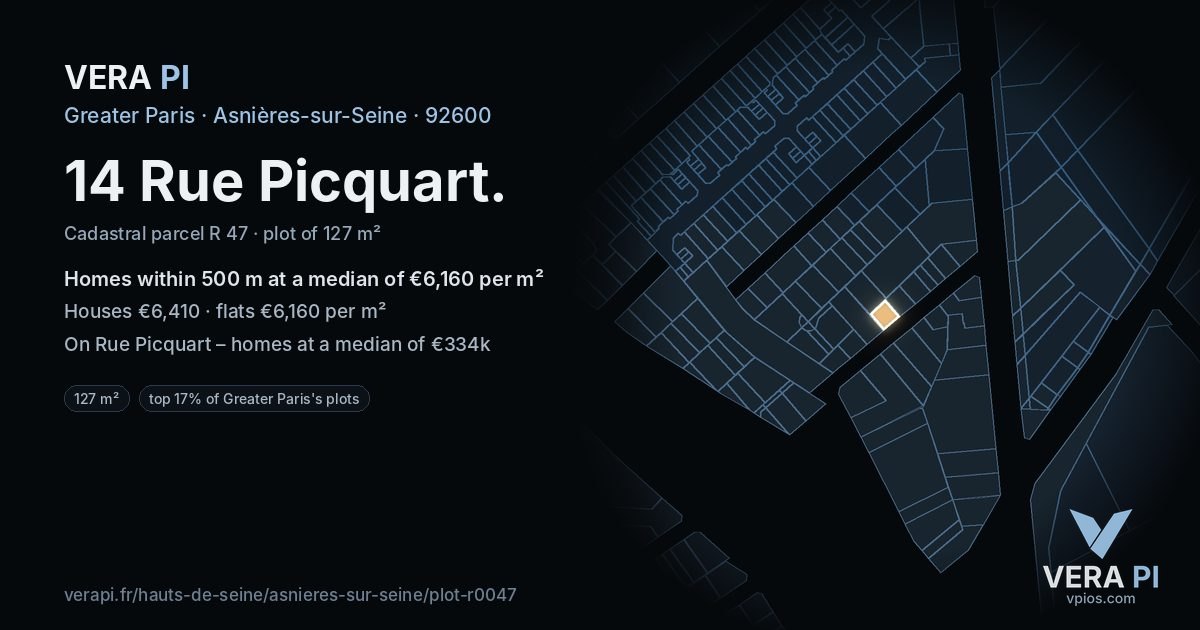 14 Rue Picquart, Asnières-sur-Seine at night – the plot lit, the parcels around coloured by the prices near them