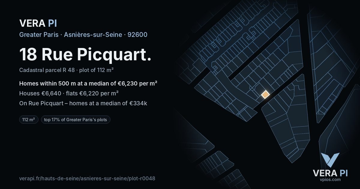 18 Rue Picquart, Asnières-sur-Seine at night – the plot lit, the parcels around coloured by the prices near them