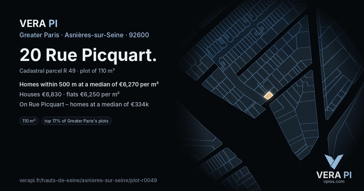 20 Rue Picquart, Asnières-sur-Seine at night – the plot lit, the parcels around coloured by the prices near them