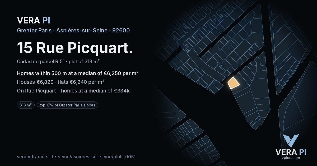 15 Rue Picquart, Asnières-sur-Seine at night – the plot lit, the parcels around coloured by the prices near them