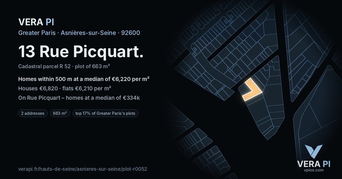 13 Rue Picquart, Asnières-sur-Seine at night – the plot lit, the parcels around coloured by the prices near them