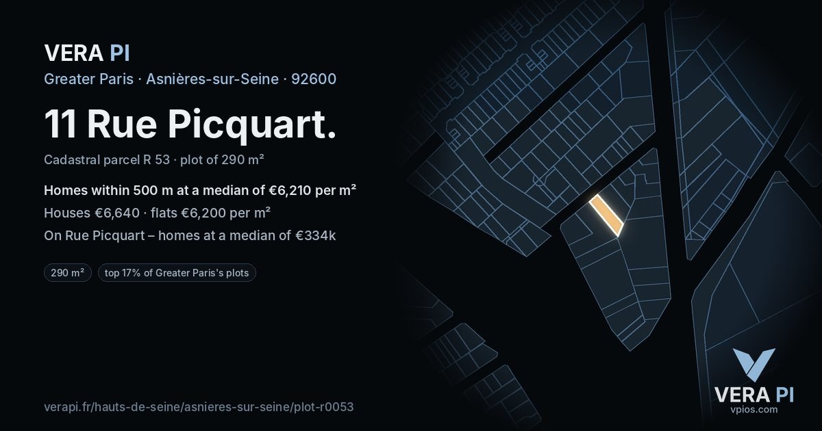 11 Rue Picquart, Asnières-sur-Seine at night – the plot lit, the parcels around coloured by the prices near them