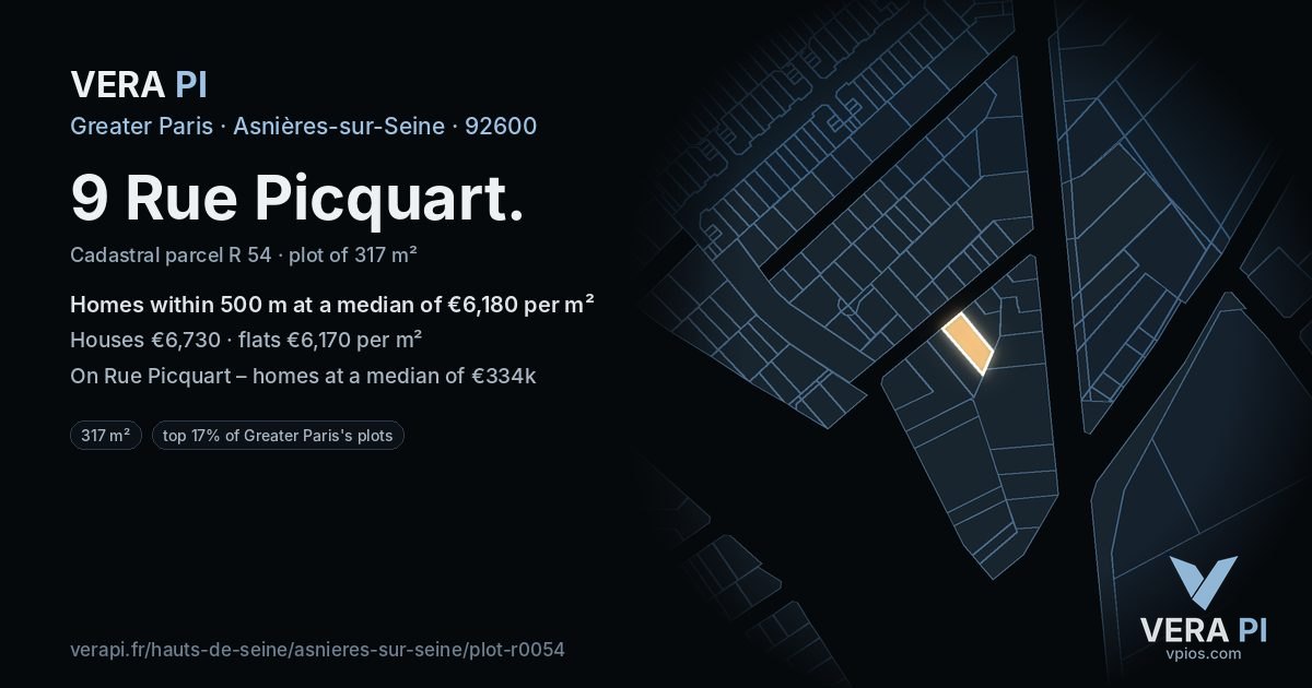 9 Rue Picquart, Asnières-sur-Seine at night – the plot lit, the parcels around coloured by the prices near them