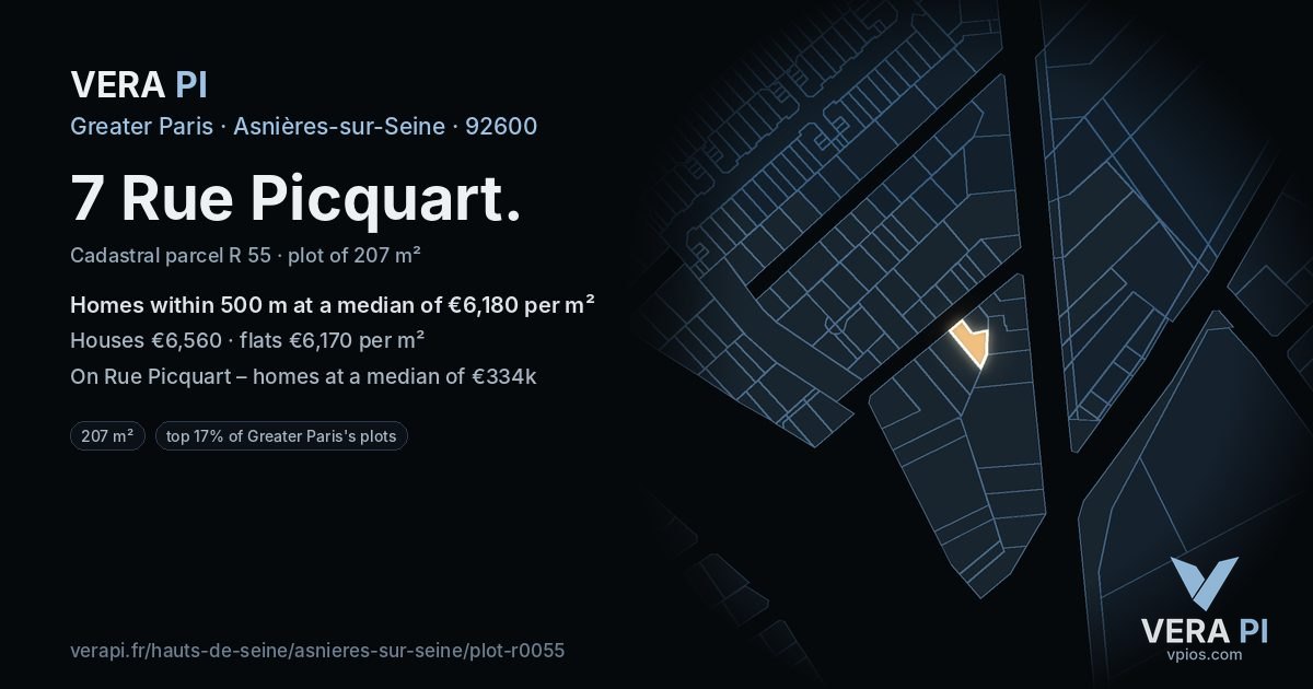 7 Rue Picquart, Asnières-sur-Seine at night – the plot lit, the parcels around coloured by the prices near them