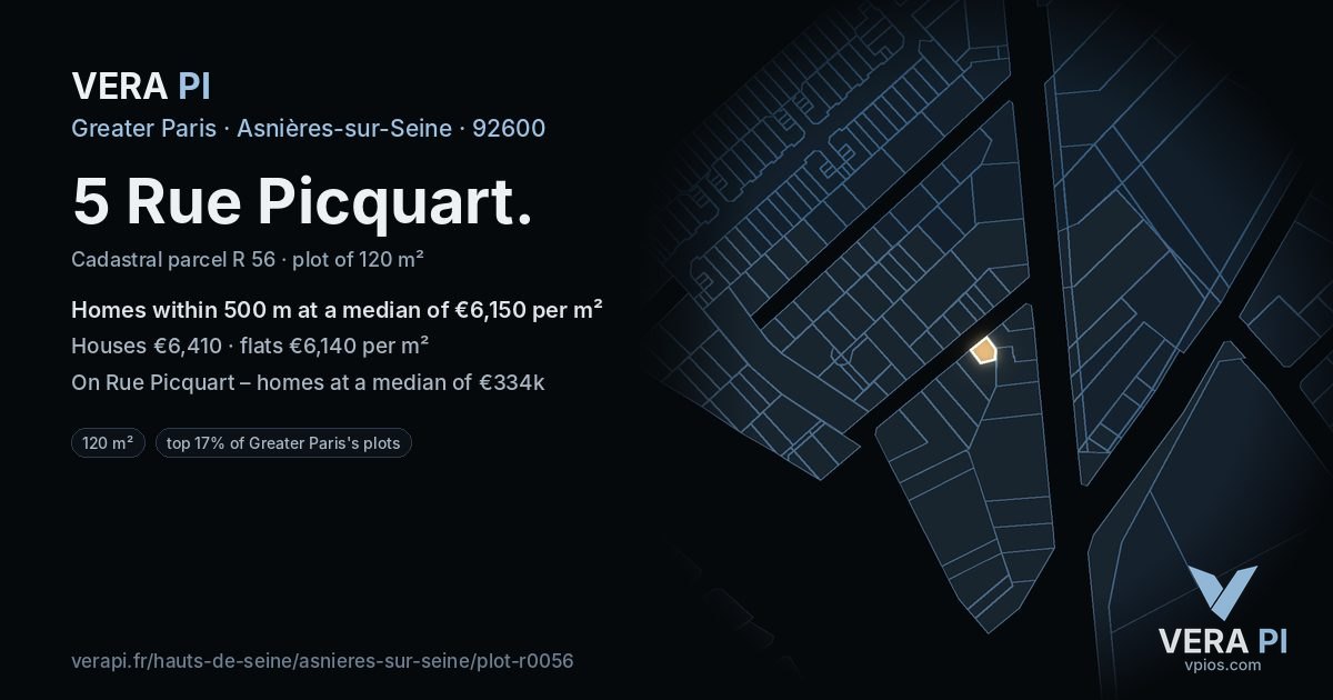 5 Rue Picquart, Asnières-sur-Seine at night – the plot lit, the parcels around coloured by the prices near them