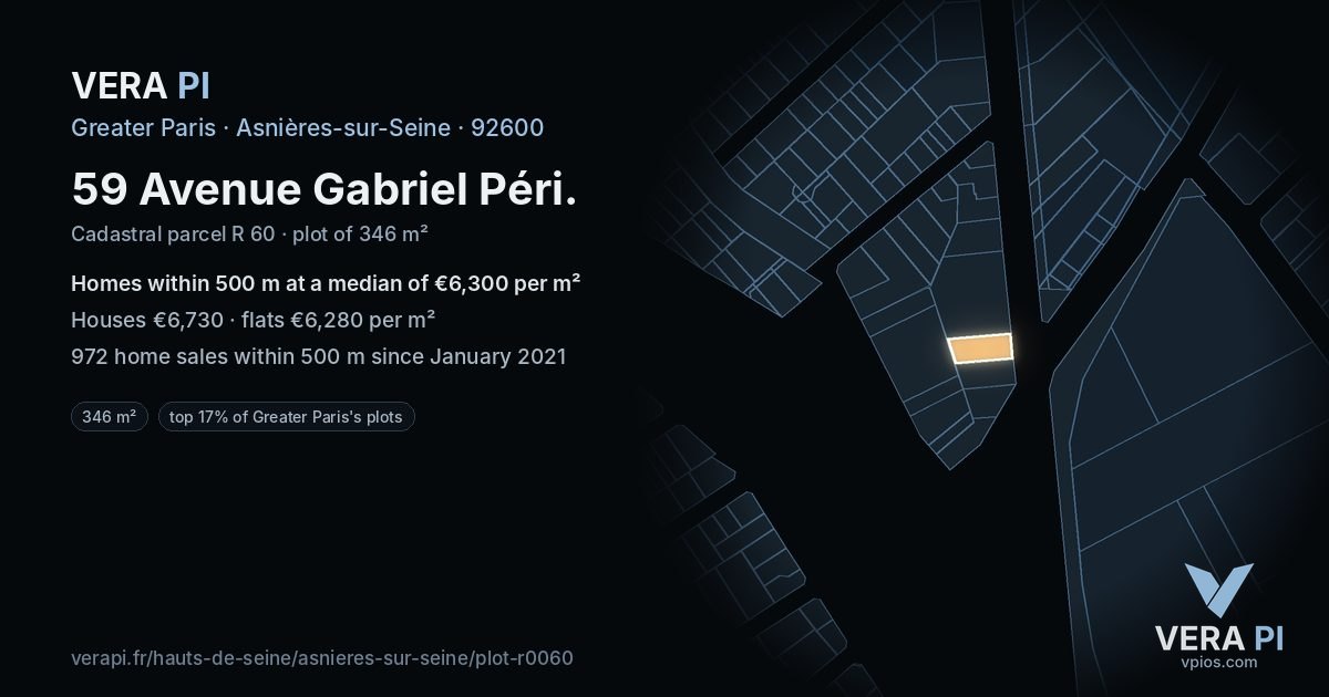 59 Avenue Gabriel Péri, Asnières-sur-Seine at night – the plot lit, the parcels around coloured by the prices near them