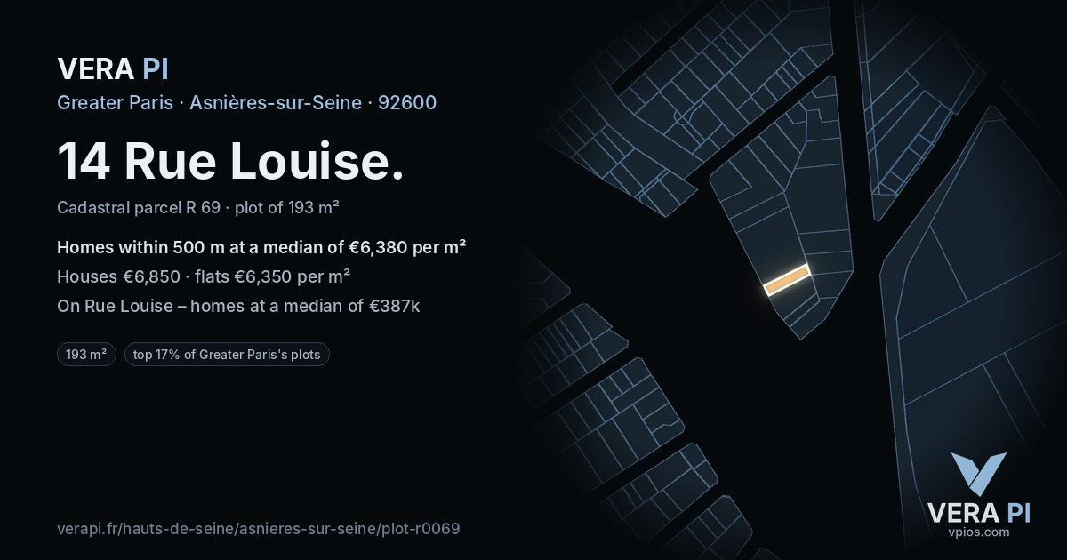 14 Rue Louise, Asnières-sur-Seine at night – the plot lit, the parcels around coloured by the prices near them