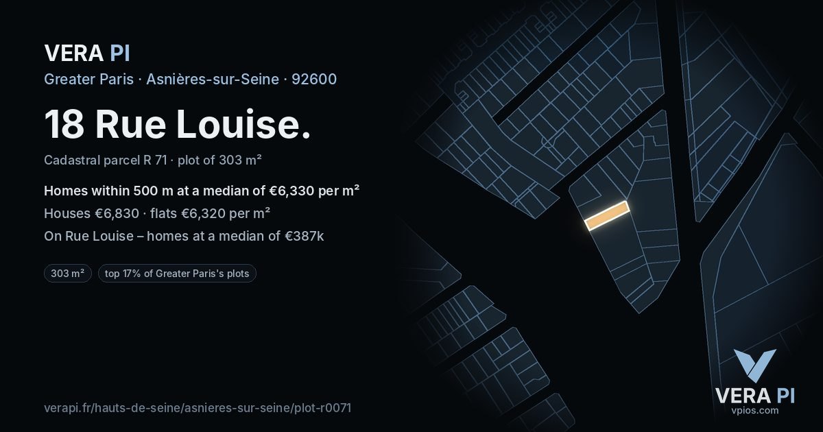 18 Rue Louise, Asnières-sur-Seine at night – the plot lit, the parcels around coloured by the prices near them