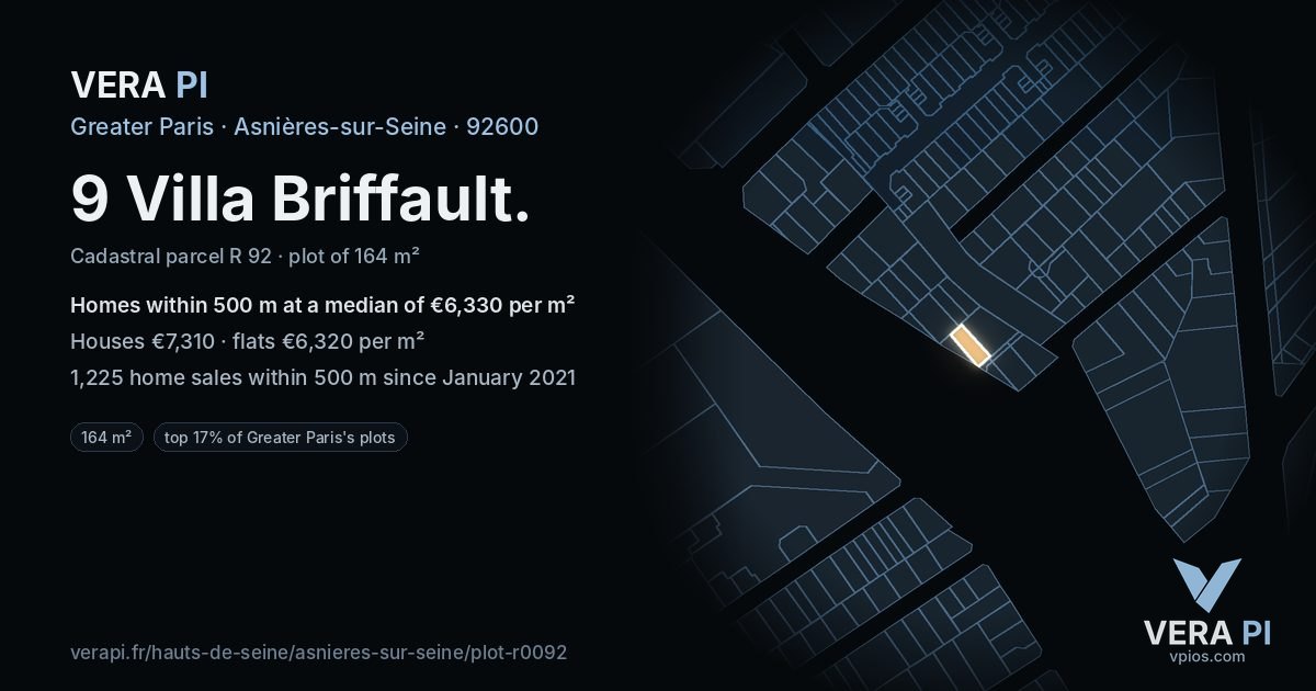 9 Villa Briffault, Asnières-sur-Seine at night – the plot lit, the parcels around coloured by the prices near them