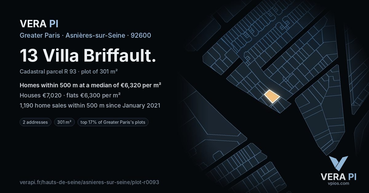 13 Villa Briffault, Asnières-sur-Seine at night – the plot lit, the parcels around coloured by the prices near them