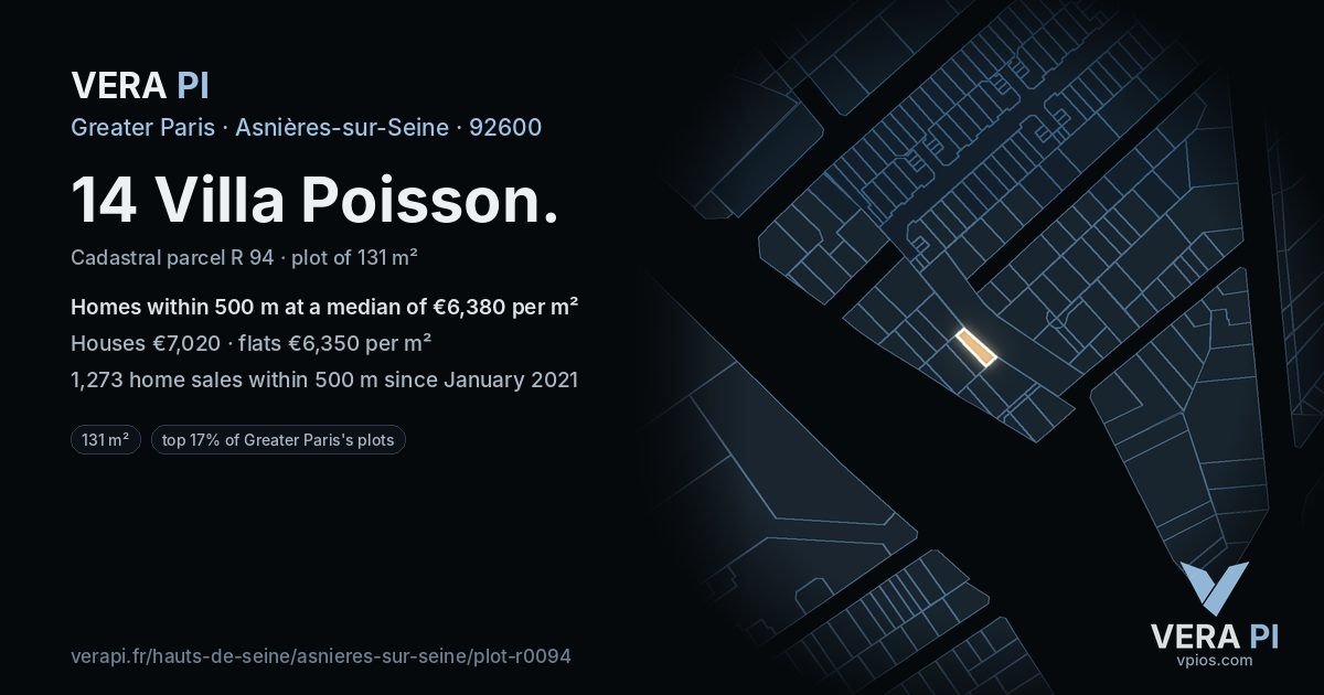 14 Villa Poisson, Asnières-sur-Seine at night – the plot lit, the parcels around coloured by the prices near them