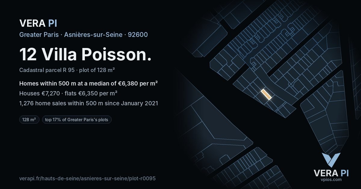 12 Villa Poisson, Asnières-sur-Seine at night – the plot lit, the parcels around coloured by the prices near them