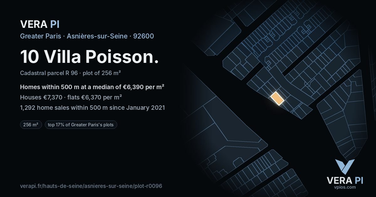 10 Villa Poisson, Asnières-sur-Seine at night – the plot lit, the parcels around coloured by the prices near them