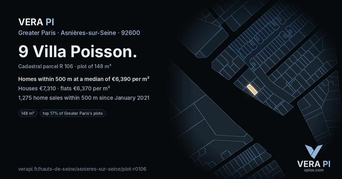 9 Villa Poisson, Asnières-sur-Seine at night – the plot lit, the parcels around coloured by the prices near them