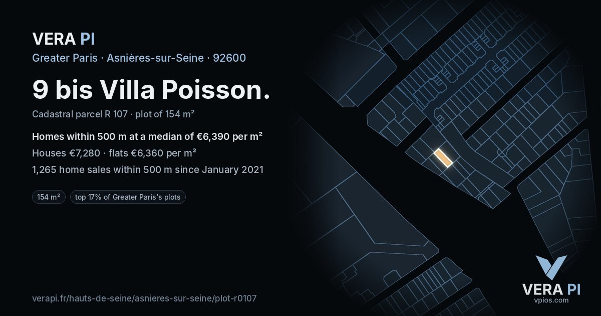 9 bis Villa Poisson, Asnières-sur-Seine at night – the plot lit, the parcels around coloured by the prices near them