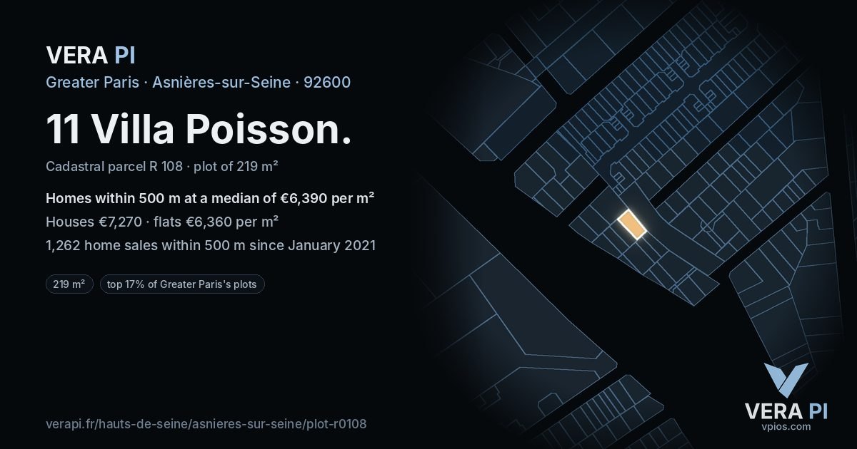 11 Villa Poisson, Asnières-sur-Seine at night – the plot lit, the parcels around coloured by the prices near them
