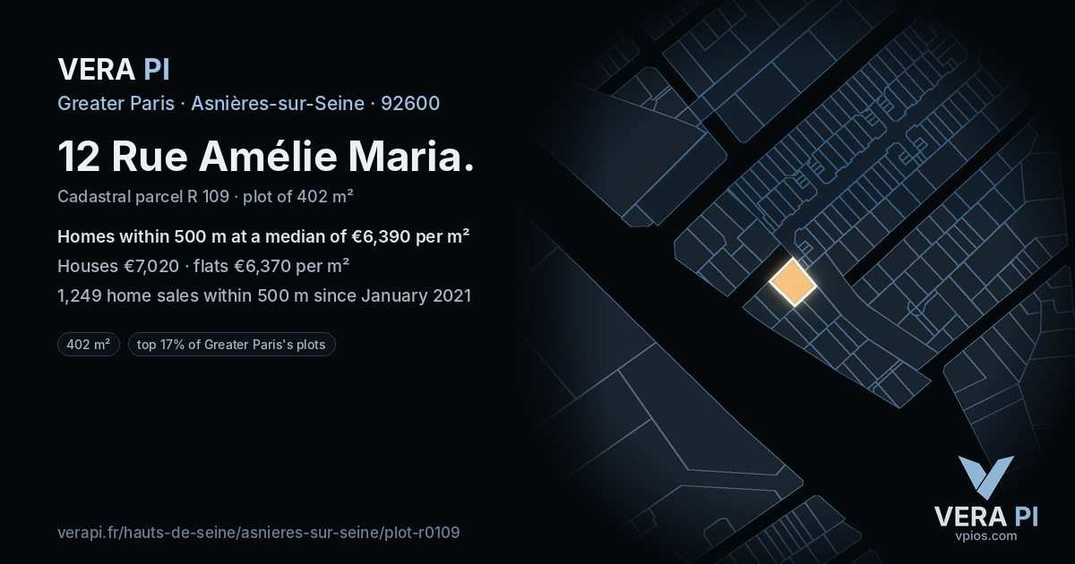 12 Rue Amélie Maria, Asnières-sur-Seine at night – the plot lit, the parcels around coloured by the prices near them