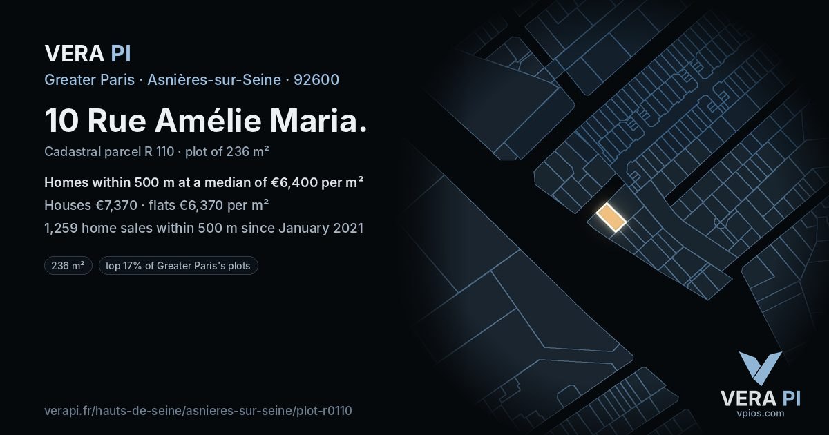 10 Rue Amélie Maria, Asnières-sur-Seine at night – the plot lit, the parcels around coloured by the prices near them